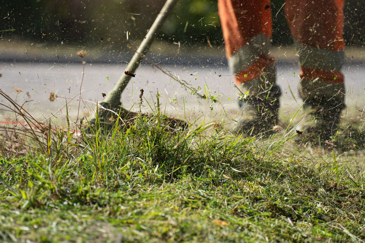 Landschaftsgärtner beim Rasenschnitt in einem gepflegten Garten